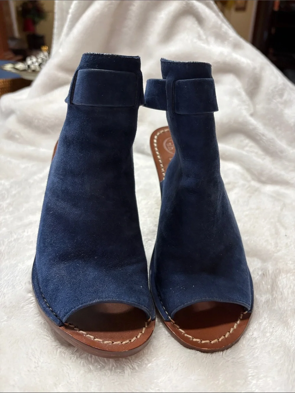 Tory Burch Navy Suede Open-Toe Heels